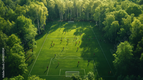 A photo of an outdoor soccer field in birch forest, with players playing football on it.