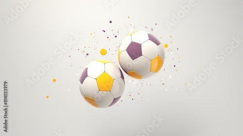 Two soccer balls are shown in a white background with a lot of splatter. The balls are yellow and white, and they appear to be in motion. The splatter gives the image a sense of energy and excitement photo