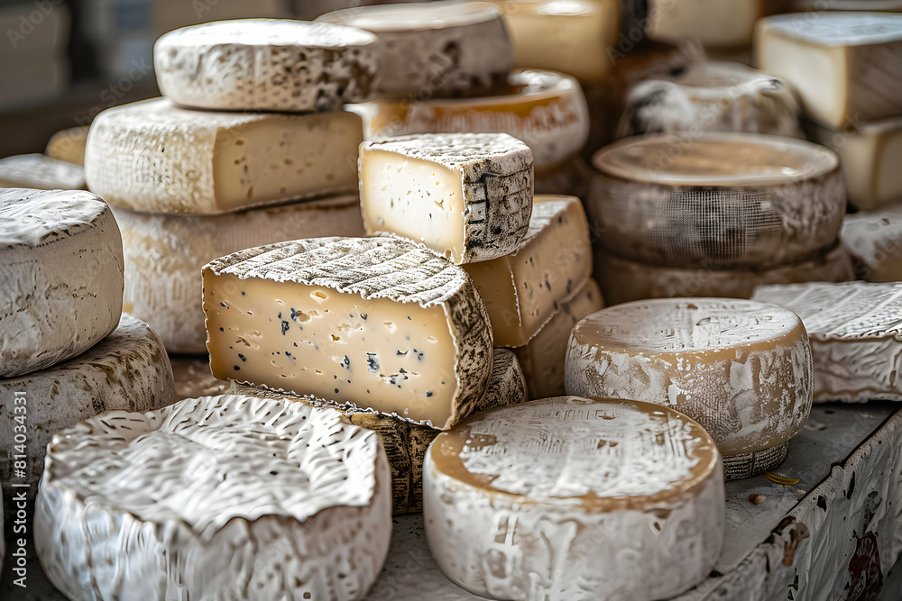 Aged cheeses on rustic wooden shelves. Aged cheeses on rustic wooden shelves.