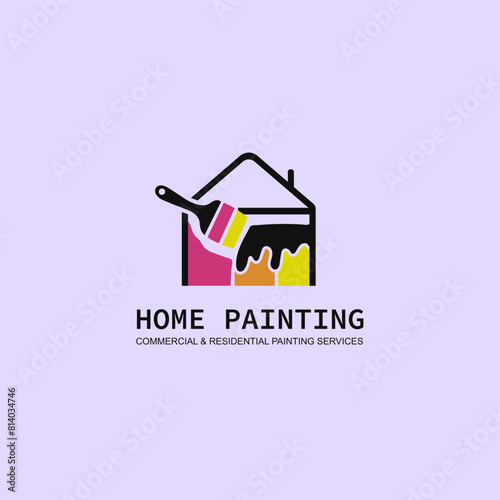 Home Painting Logo Design with Roller and House, vector logo template