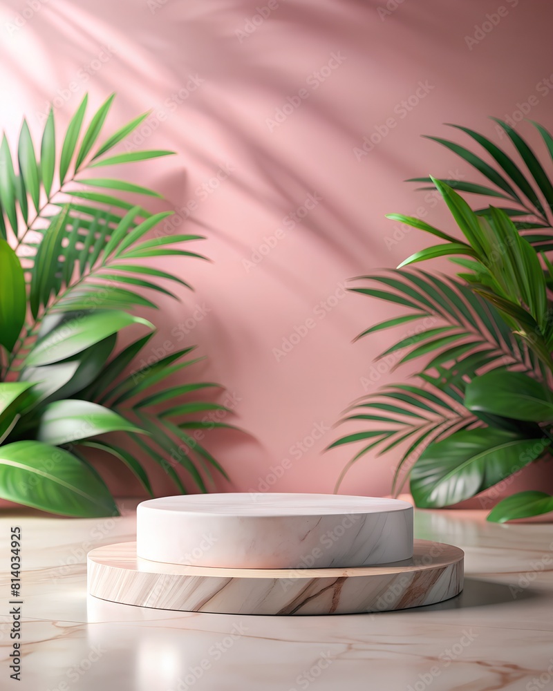 Marble podium on a pink background with green leaves Marble podium on a pink background with green leaves
