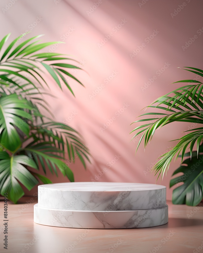 Marble podium on a pink background with green leaves Marble podium on a pink background with green leaves