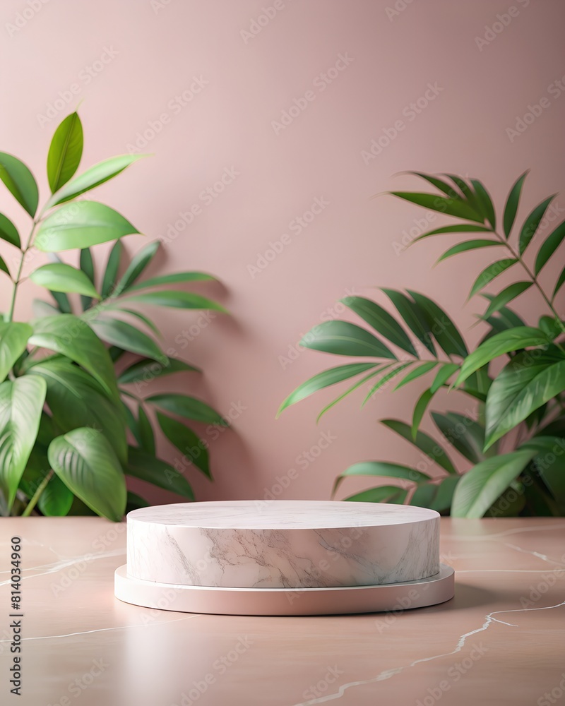 Marble podium on a pink background with green leaves Marble podium on a pink background with green leaves