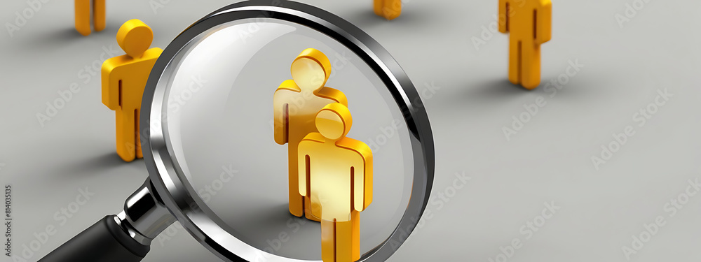 A Yellow human icon inside of magnifier glass, customer relation management, customer research or CRM concept, 3D model Style, focus A Yellow human icon inside of magnifier glass, customer relation management, customer research or CRM concept, 3D model Style, focus