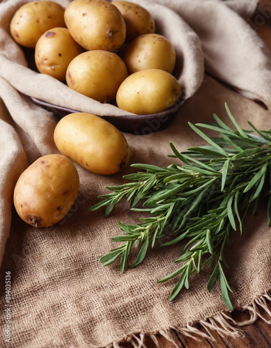 Close-up of fresh raw potatoes and rosemary leaves on an empty wooden table. Ingredients for cooking on a rustic linen cloth. Healthy food concept for banner or presentation.