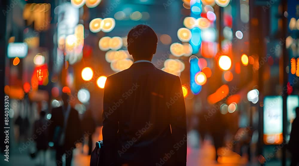 Japanese businessman walking in the city at night, with blurred crowd and neon lights in the background Japanese businessman walking in the city at night, with blurred crowd and neon lights in the background