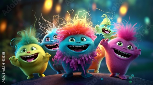 Colorful Trolls Gathered in Dark Forest photo