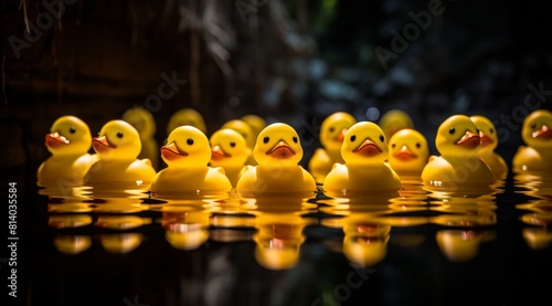 Group of Yellow Rubber Ducks Swimming in Water photo