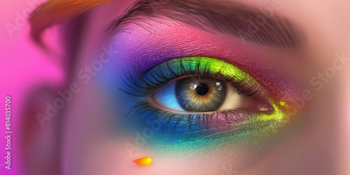 Augen in wunderschönen irisierenden bunten Kosmetik Neon leuchtenden Farben als Nahaufnahme für Poster und Banner im Querformat