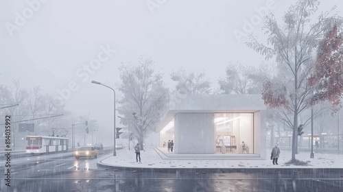 a white concrete tram station sheltered by a transparent rain cover.