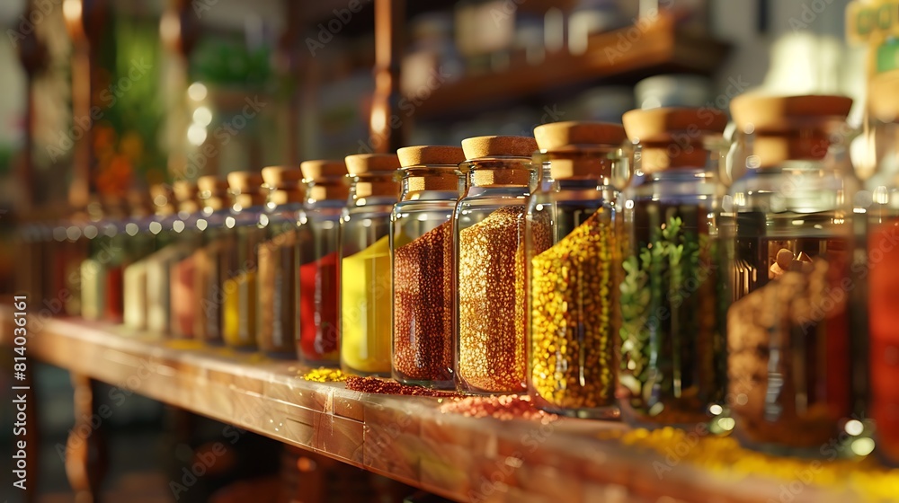 A row of glass jars filled with colorful spices and herbs, adding flavor and vibrancy to any dish