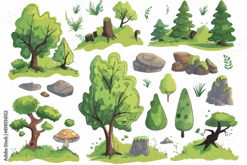 Empty stone caves entrance in the forest and jungle. Wild caves opened on lawn among the trees. Old den in rock with dark passage to underground depths. Vector illustrations set isolated