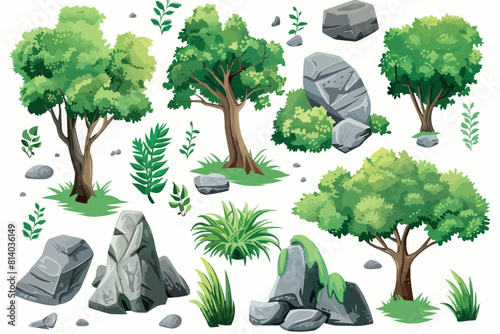 Empty stone caves entrance in the forest and jungle. Wild caves opened on lawn among the trees. Old den in rock with dark passage to underground depths. Vector illustrations set isolated