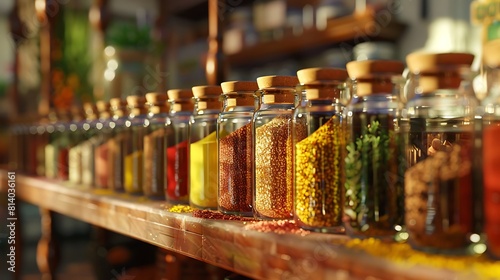 A row of glass jars filled with colorful spices and herbs, adding flavor and vibrancy to any dish