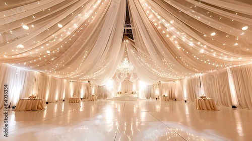 A dreamy wedding reception room adorned with soft drapery and twinkling lights, all captured against a clean white background for a fairy tale setting.