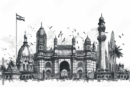Taj Mahal an ancient Palace in India. landmark or architecture, hindu Temple. Traditional mausoleum-mosque. engraved hand drawn in old sketch.