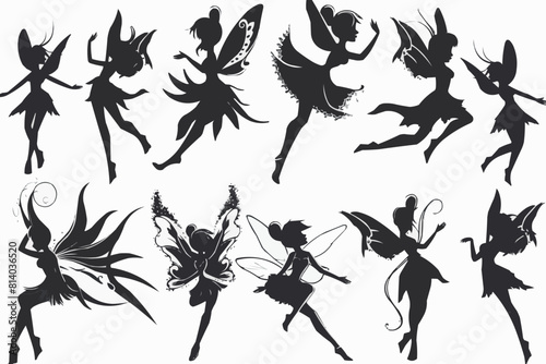 Cartoon magic fairy tale little fairies silhouettes. Magical little fairies girls flying with butterflies vector illustration set. Fantasy pixie creatures. © Abul