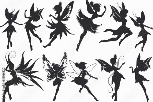 Cartoon magic fairy tale little fairies silhouettes. Magical little fairies girls flying with butterflies vector illustration set. Fantasy pixie creatures.