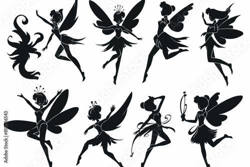 Cartoon magic fairy tale little fairies silhouettes. Magical little fairies girls flying with butterflies vector illustration set. Fantasy pixie creatures.