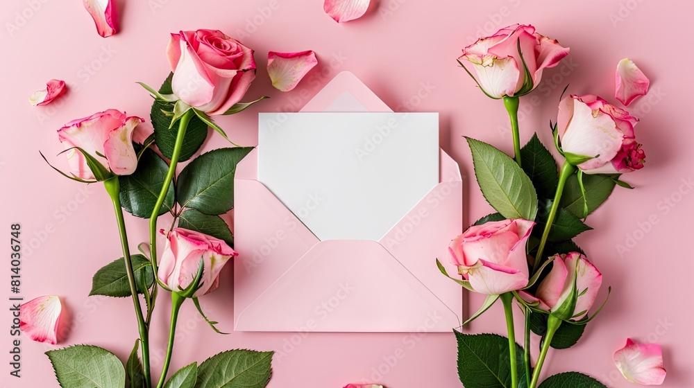 Envelope Blooming With Pink Roses on a Rosy Background Envelope Blooming With Pink Roses on a Rosy Background