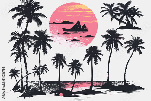 Pink beach sunshine grunge palm and biach in vintage style on white background. Sunset light. Vector silhouette.