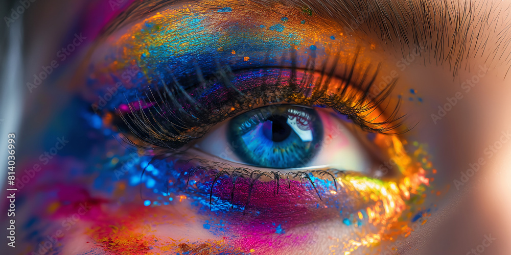 Augen und Iris in irisierenden bunten Neon Farben als Nahaufnahme für Poster und Banner