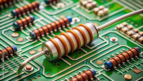 Detailed close-up of a resistor on a circuit board  demonstrating the precision and craftsmanship involved in electronics manufacturing. 