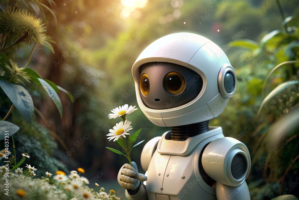 Futuristic robot holding daisies in a lush forest, symbolizing technology meeting nature. Futuristic robot holding daisies in a lush forest, symbolizing technology meeting nature.