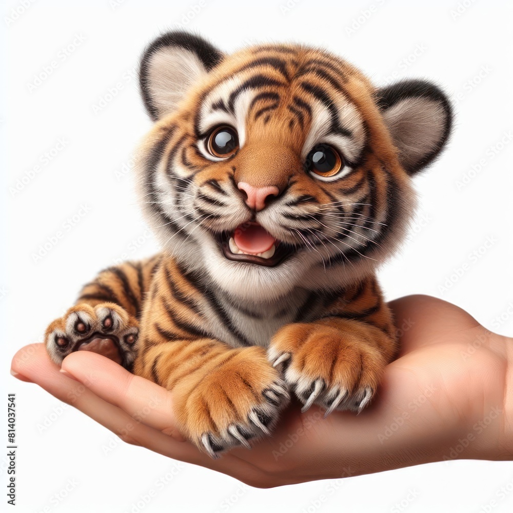 Obraz premium real little Tiger sit on hand smiles widely Isolated on white background