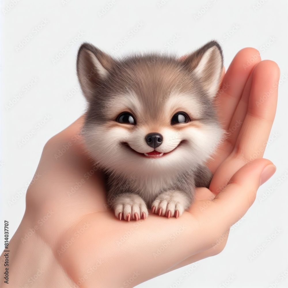 real photo little Wolf on hand smiles widely Isolated on white background real photo little Wolf on hand smiles widely Isolated on white background