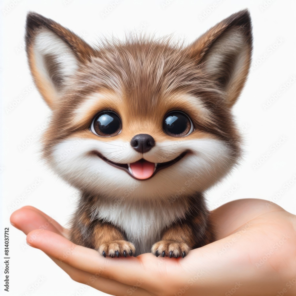 Obraz premium real photo little Wolf on hand smiles widely Isolated on white background