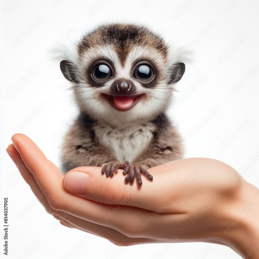 side view real photo small Lemur on hand smiles widely Isolated on white background