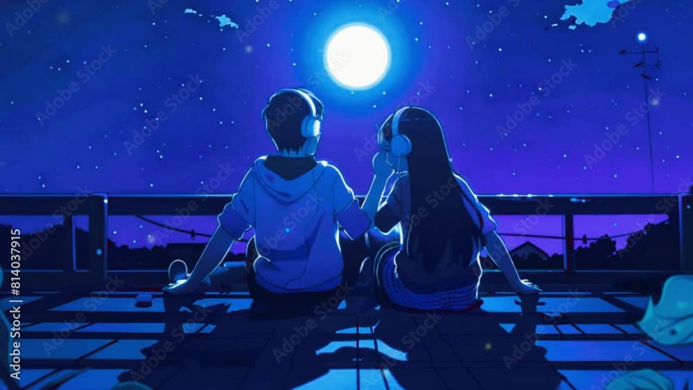 An animation of a couple stargazing on a rooftop, wrapped in blankets and listening to Lofi music, 2D flat Japanese anime-style 4k lofi hip-hop bites landscape music background animation video