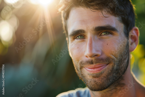 Close-up of a young man smiling gently with sun rays illuminating his face during a peaceful golden hour moment