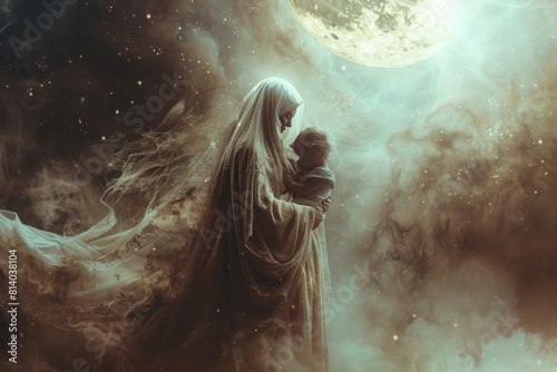 Artistic portrayal of a figure in a cloak embracing a child, with a surreal starry sky and a glowing moon, conveying a feeling of cosmic safety and peace photo