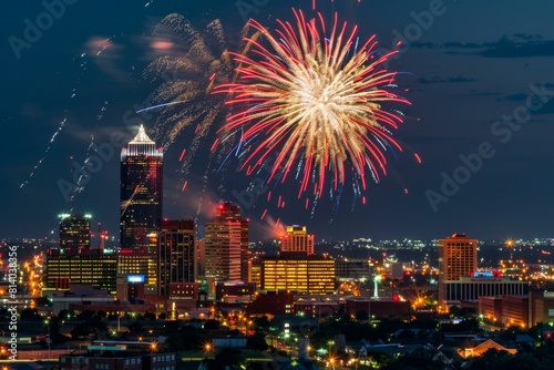 Vibrant fireworks light up Oklahoma City's skyline at night, urban celebration. photo