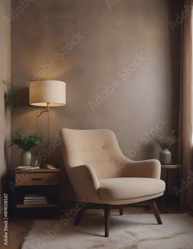 Creating a serene living space with a stylish beige armchair, soft lamp lighting, and decorative plants in a modern cozy corner