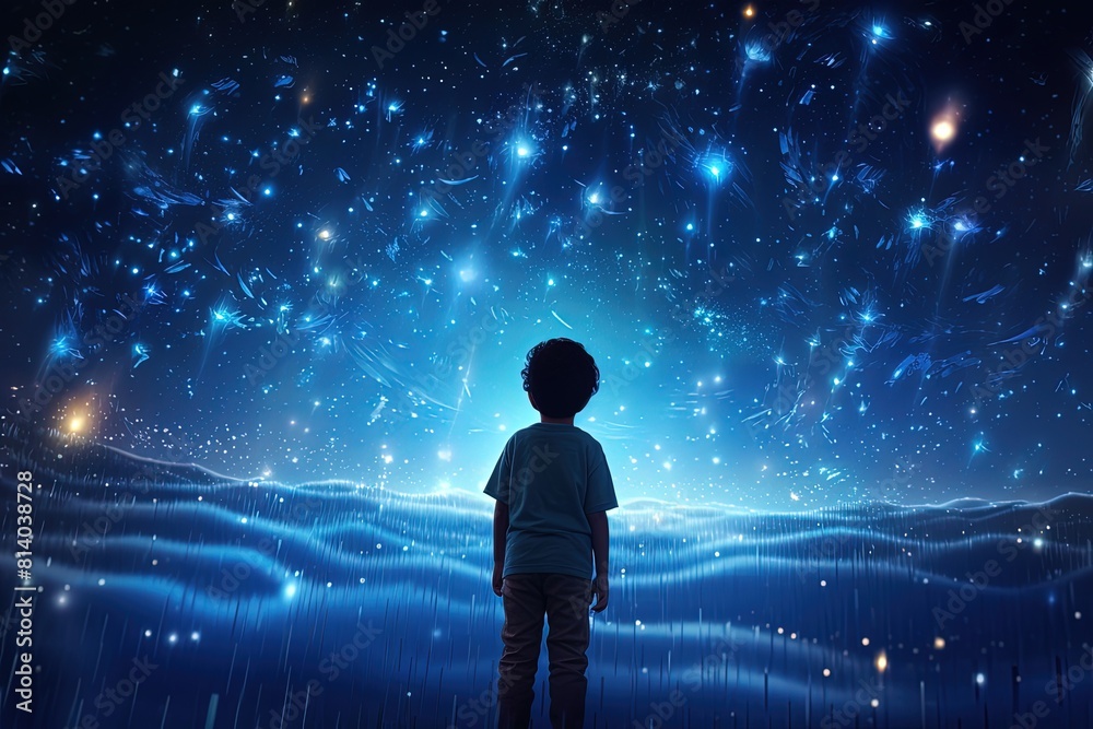 Fototapeta premium Kid dreaming of spaceflight on sky background