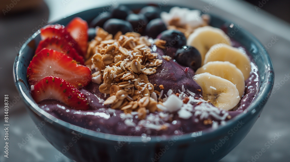 Close-Up of Acai Bowl with Fresh Fruits and Granola Close-Up of Acai Bowl with Fresh Fruits and Granola