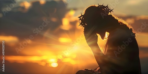 Jesus in crown of thorns praying at sunrise on Good Friday. Concept Good Friday, Jesus, Prayer, Sunrise, Crown of Thorns