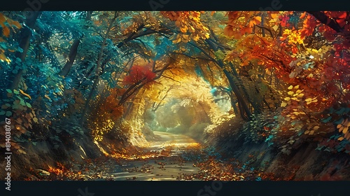 Along the roadside, a canopy of colorful autumn leaves creates a tunnel of vibrant hues, through which shafts of sunlight filter down to illuminate the forest floor below.
