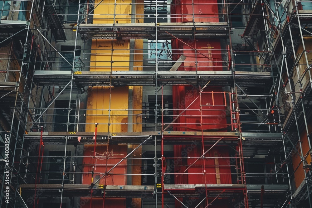 Scaffolding near the house, repair or restoration of the building Scaffolding near the house, repair or restoration of the building