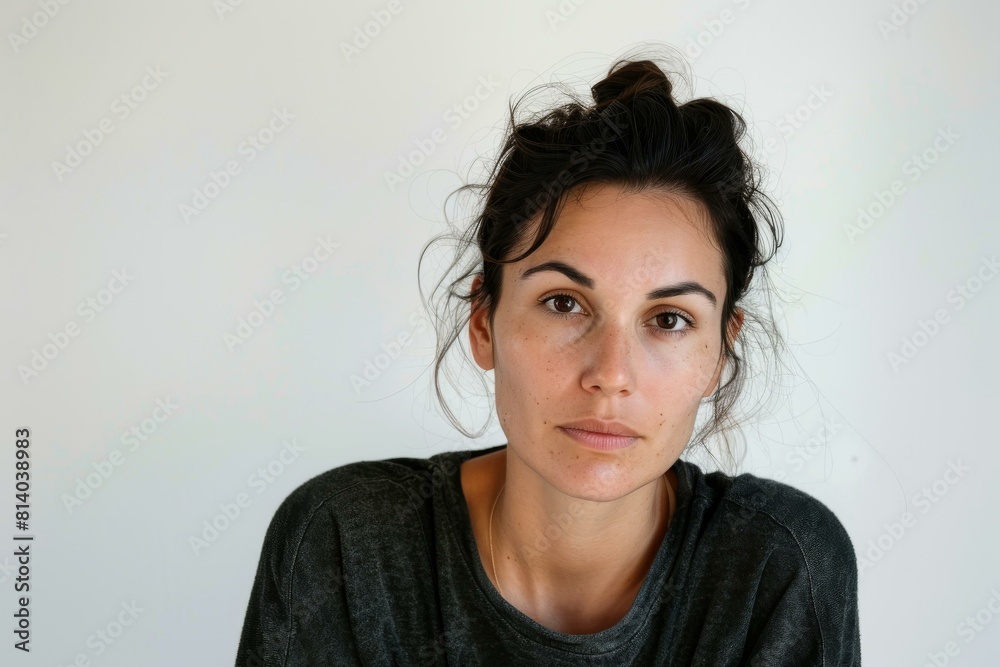 Close-up of adult Italian woman with a natural look and messy bun, against a plain white background. Close-up of adult Italian woman with a natural look and messy bun, against a plain white background.