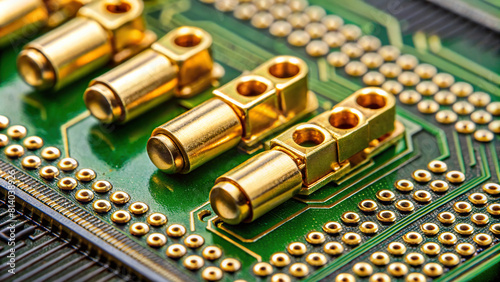 Detailed close-up of a printed circuit board with gold-plated connectors, emphasizing durability and conductivity. 