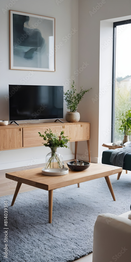 Fototapeta premium Modern and inviting living room with wooden furniture, a sleek tv, and decorative plants, highlighting contemporary interior design