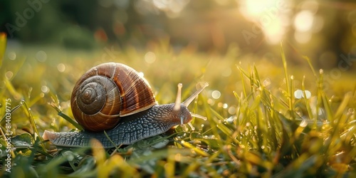 Small brown and white snail is on grass
