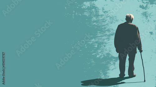 Elder against plain background, elderly and tree against plain textured wall