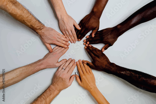 Group of young people meditating during yoga retreat, Conceptual symbol of multiracial human hands making a circle