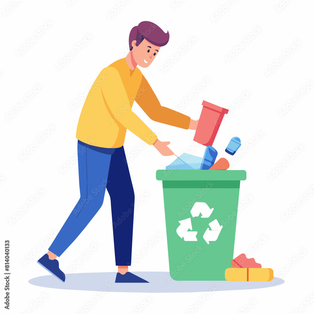 Illustration of a man discarding medications in a recycling bin. Proper disposal concept flat style vector illustration Illustration of a man discarding medications in a recycling bin. Proper disposal concept flat style vector illustration
