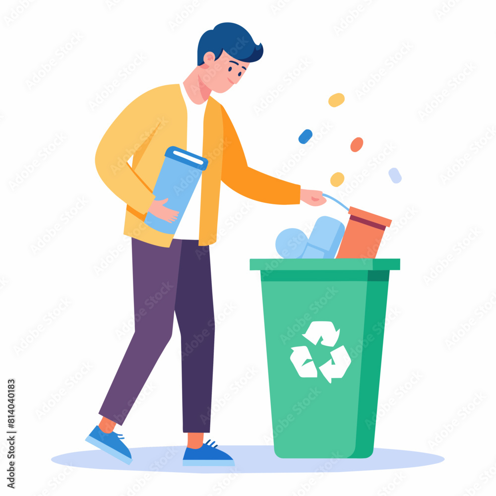 Illustration of a man discarding medications in a recycling bin. Proper disposal concept flat style vector illustration Illustration of a man discarding medications in a recycling bin. Proper disposal concept flat style vector illustration